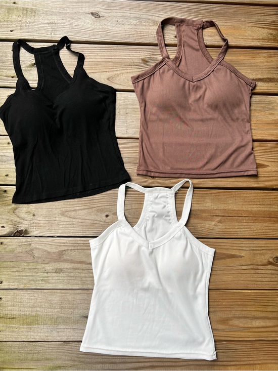 Tops - 3 Women’s Medium Racerback Built in Pads Tank Tops - Black, White, Brown